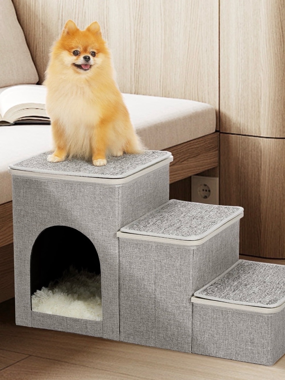 Gray Pet Stairs with Cozy Cubby - Soft-Step Dog Steps